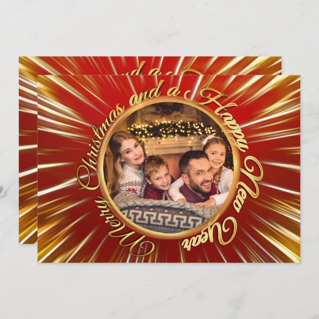 Merry Christmas Happy New Year Gold Circle Photo Holiday Card (Front/Back)