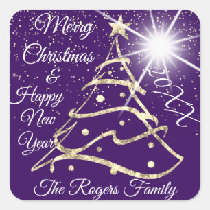 Merry Christmas & Happy New Year Gold Plum Square Sticker