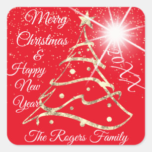 Merry Christmas & Happy New Year Gold Red Square Sticker