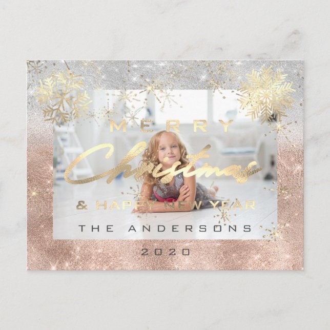 Merry Christmas Happy New Year Gold Snow Photo Gra Postcard (Front)