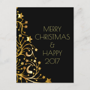 Merry Christmas Happy New Year Gold Stars Black Holiday Postcard