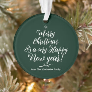 Merry Christmas Happy New Year green script photo Ornament