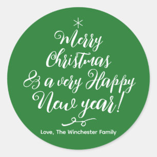 Merry Christmas Happy New Year green typography  Classic Round Sticker
