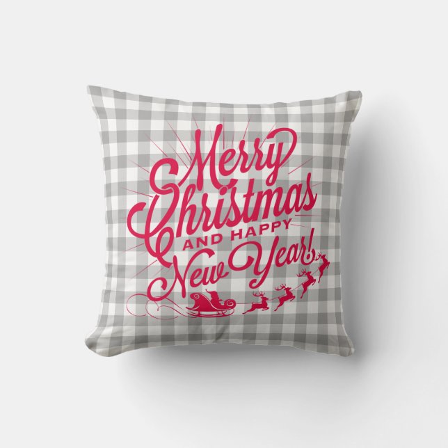 Merry Christmas Happy New Year Grey Check Pattern Cushion (Front)