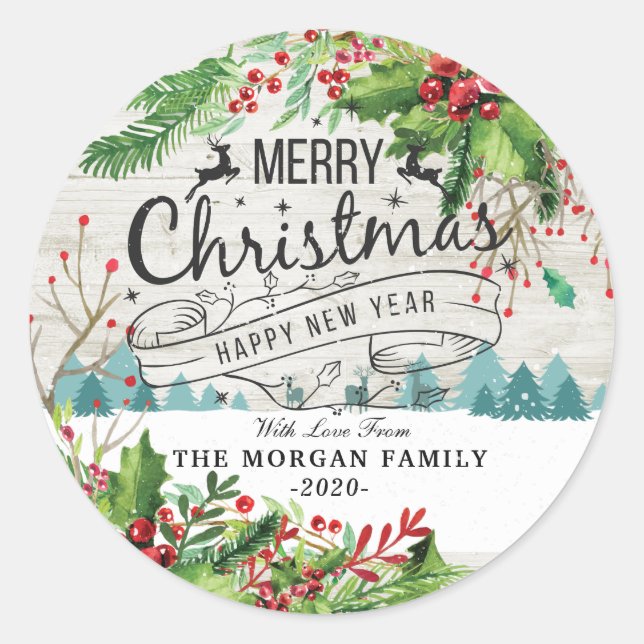 Merry Christmas & Happy New Year Holiday Greetings Classic Round Sticker (Front)