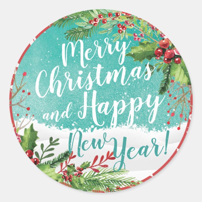 Merry Christmas & Happy New Year Holiday Greetings Classic Round Sticker (Front)