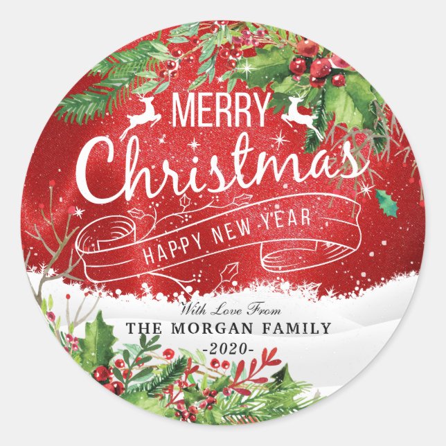 Merry Christmas & Happy New Year Holiday Greetings Classic Round Sticker (Front)