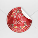 Merry Christmas & Happy New Year Holidays Address Classic Round Sticker<br><div class="desc">Merry Christmas and Happy New Year / Happy Holidays / Merry and Bright / Cheers to a New Year / Merry Christmas Calligraphy Typography Script with Holly Floral Wreath and Mistletoe Red Berries Return Address Labels Templates. Red and Green Watercolor Christmas Botanical Berry and Pines. Happy Holiday Wishes Merry Bright...</div>