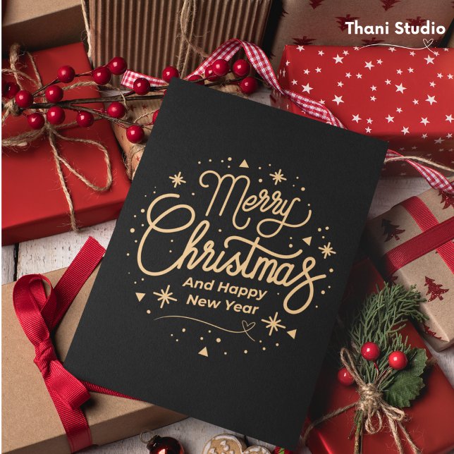Merry Christmas Happy New Year Modern Black & Gold Holiday Card (Creator Uploaded)