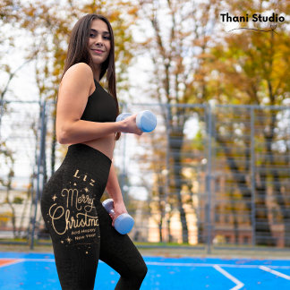 Merry Christmas Happy New Year Modern Black & Gold Leggings