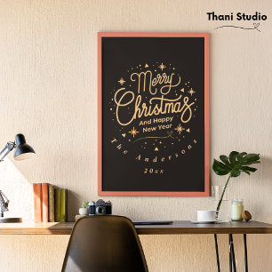 Merry Christmas Happy New Year Modern Black & Gold Photo Print
