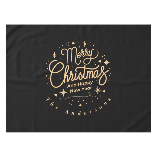 Merry Christmas Happy New Year Modern Black & Gold Tablecloth (Front (Horizontal))