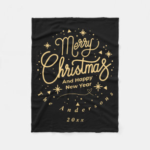 Merry Christmas Happy New Year Modern Green Gold  Fleece Blanket