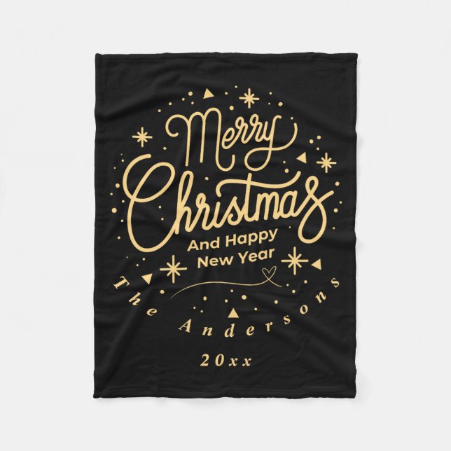 Merry Christmas Happy New Year Modern Green Gold  Fleece Blanket (Front)