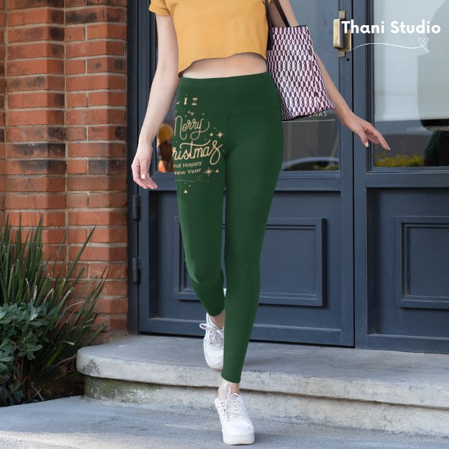 Merry Christmas Happy New Year Modern Green & Gold Leggings (Creator Uploaded)