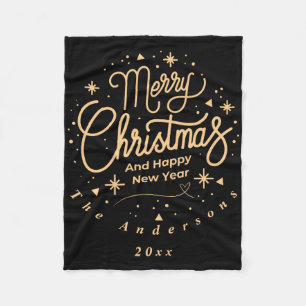 Merry Christmas Happy New Year Modern Green Gold T Fleece Blanket
