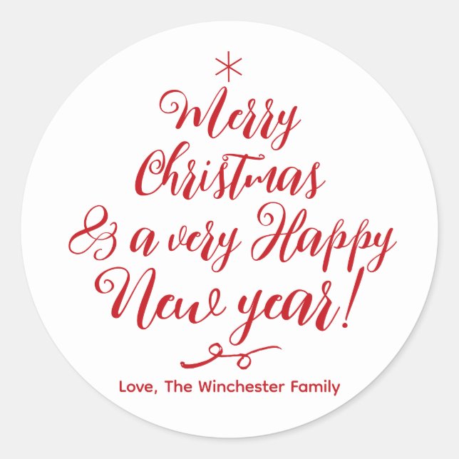 Merry Christmas Happy New Year modern red script Classic Round Sticker (Front)