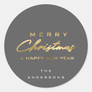 Merry Christmas & Happy New Year Name Grey Gold Classic Round Sticker