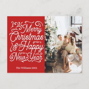 Merry Christmas & Happy New Year  One Photo Red Postcard
