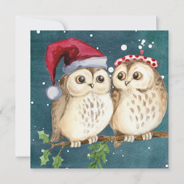 Merry Christmas/Happy New Year Owls Holiday Card (Front)