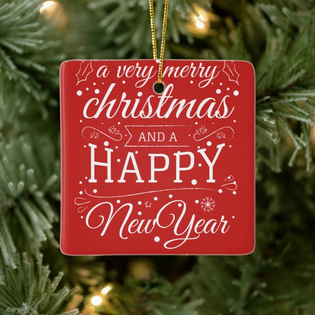 Merry Christmas Happy New Year Photo Monogram Ceramic Ornament (Tree)