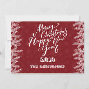 Merry Christmas & Happy New Year Pine Red Glitter Holiday Card