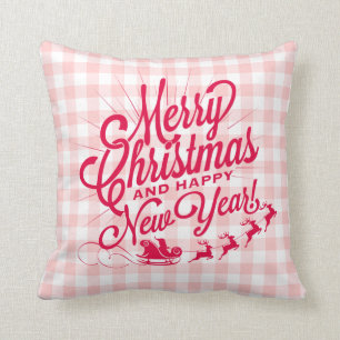 Merry Christmas Happy New Year Pink Check Cushion