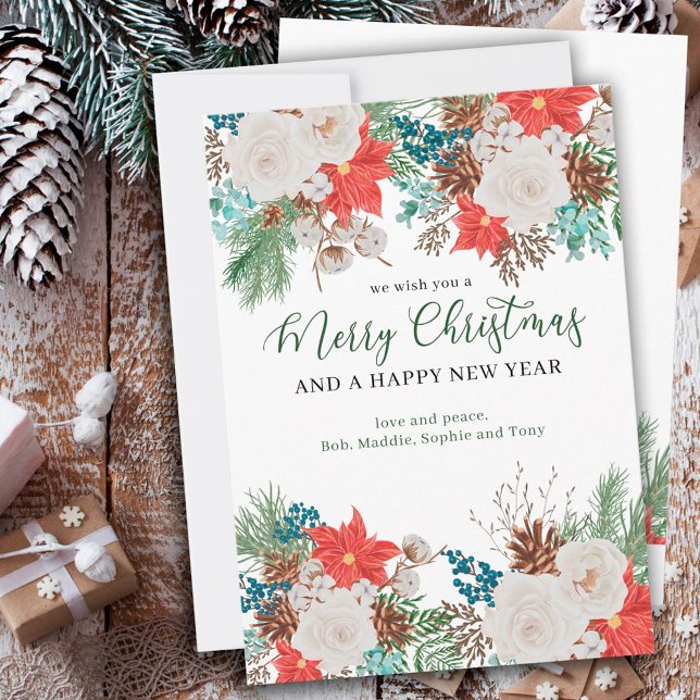 Merry Christmas Happy New Year Poinsettia and Pine Holiday Card (Creator Uploaded)