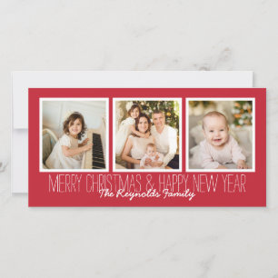 Merry Christmas Happy New Year Red 3 Photo Overlay Holiday Card