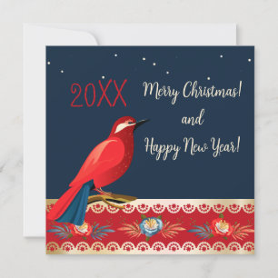 Merry Christmas Happy New Year! Red Bird flowers Holiday Card