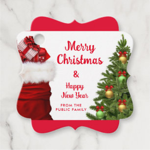 Merry Christmas Happy New Year Red Fancy Square Favour Tags