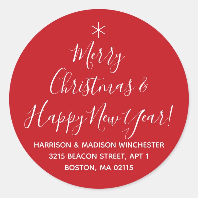 Merry Christmas Happy New Year red script address Classic Round Sticker (Front)