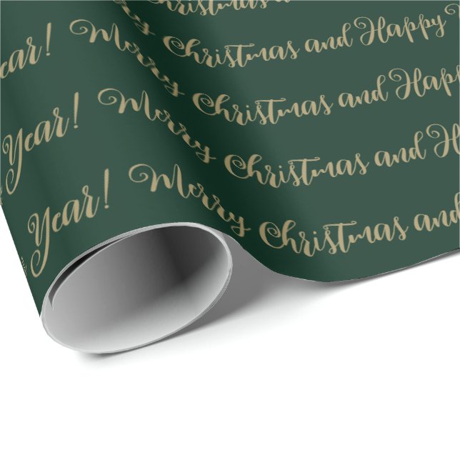 Merry Christmas Happy New Year script green gold Wrapping Paper (Roll Corner)