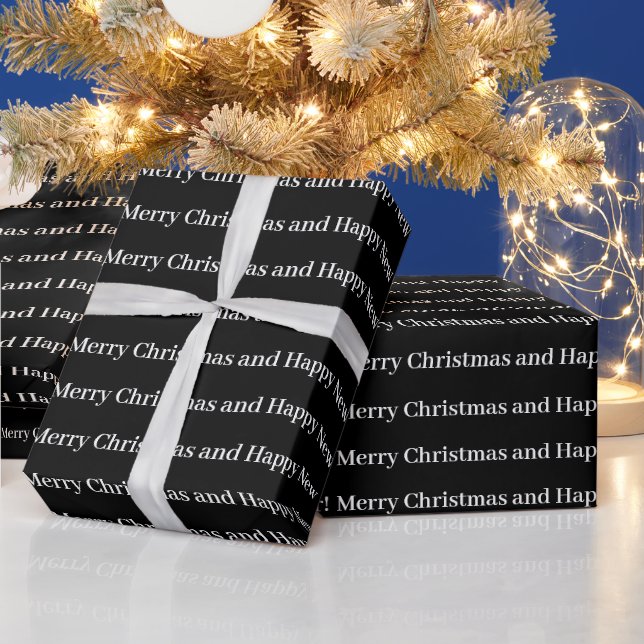 Merry Christmas Happy New Year script text black Wrapping Paper (Holidays)