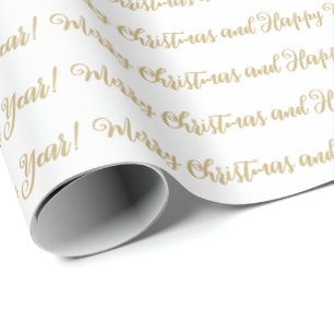 Merry Christmas Happy New Year script white gold Wrapping Paper