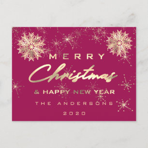 Merry Christmas Happy New Year Snow Gold Pink Postcard