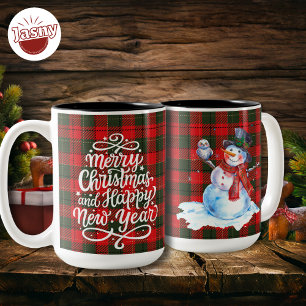 Merry Christmas Happy New Year Snowman Flannel Two-Tone Coffee Mug