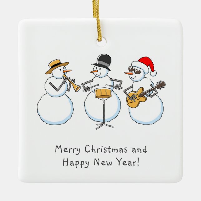 Merry Christmas Happy New Year Snowman Jazzband Ceramic Ornament (Front)
