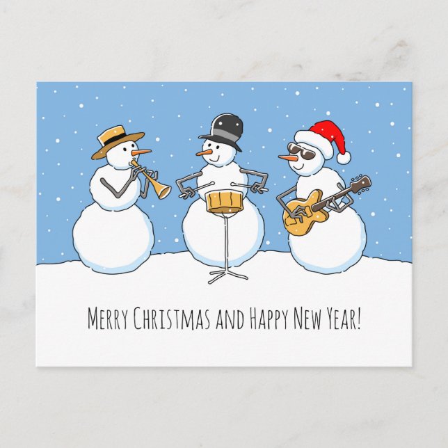 Merry Christmas Happy New Year Snowman Jazzband Postcard (Front)
