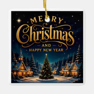 Merry Christmas Happy New Year Snowy Village Ceramic Ornament