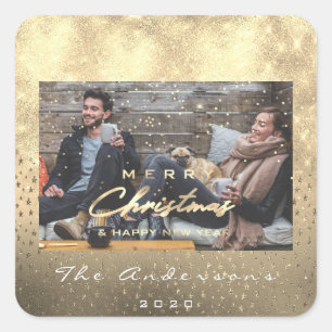 Merry Christmas Happy New Year Stars Gold Photo Square Sticker