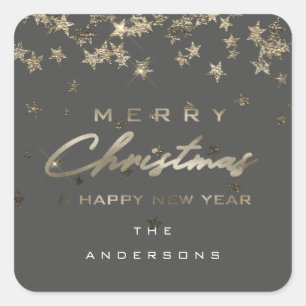 Merry Christmas Happy New Year Stars Grey Square Sticker