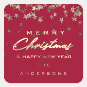 Merry Christmas Happy New Year Stars Red Square Sticker