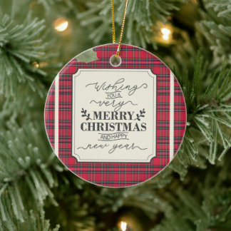 Merry Christmas & Happy New Year Tartan Name Ceramic Tree Decoration