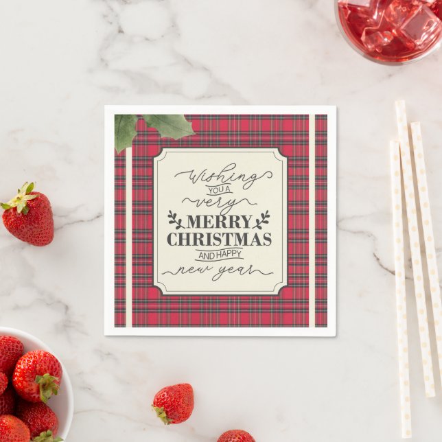 Merry Christmas & Happy New Year Tartan Name Napkin (Insitu)