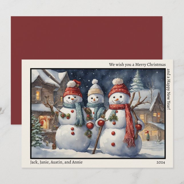 Merry Christmas Happy New Year Three Happy Snowmen Holiday Card (Front/Back)