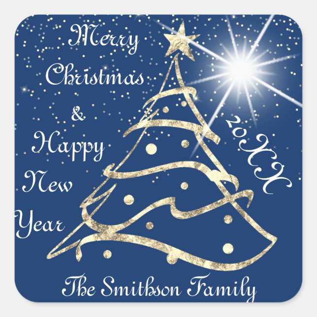 Merry Christmas & Happy New Year Tree Navy Gold Square Sticker (Front)
