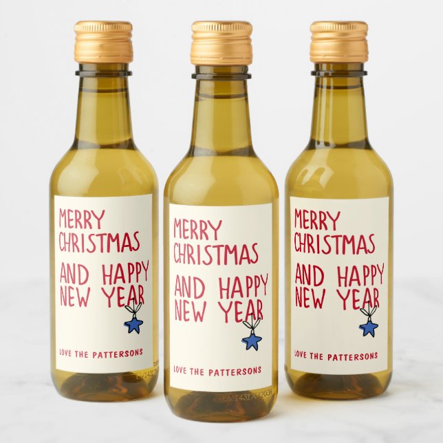 Merry Christmas Happy New Year Typography Wine Label (Bottles)