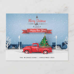 Merry Christmas Happy New Year Vintage Red Truck Postcard