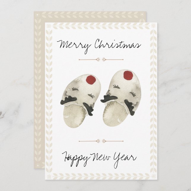 Merry Christmas Happy New Year Watercolor Slippers Invitation (Front/Back)